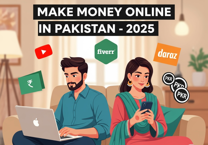 Young Pakistani working on laptop with rupee signs and digital platforms