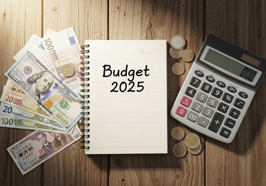Budget 2025 notebook with calculator and Pakistani currency on wooden table