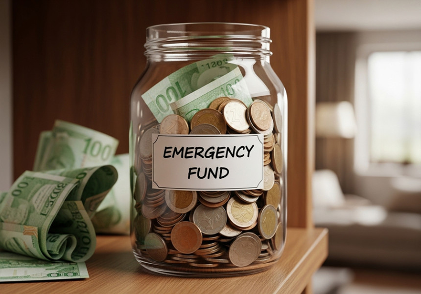 Emergency fund glass jar filled with coins and notes placed on a home table