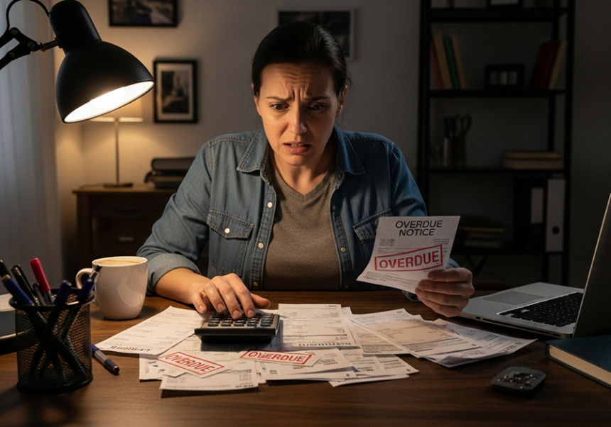 Stressed person reviewing overdue credit card bills and calculating debt payments at home desk