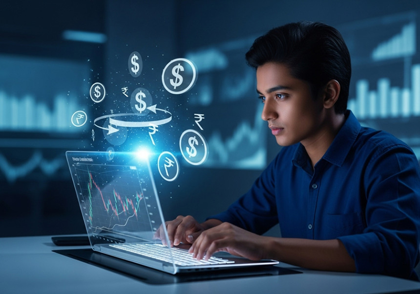 Young adult analyzing stock market graphs on laptop with investment icons in background