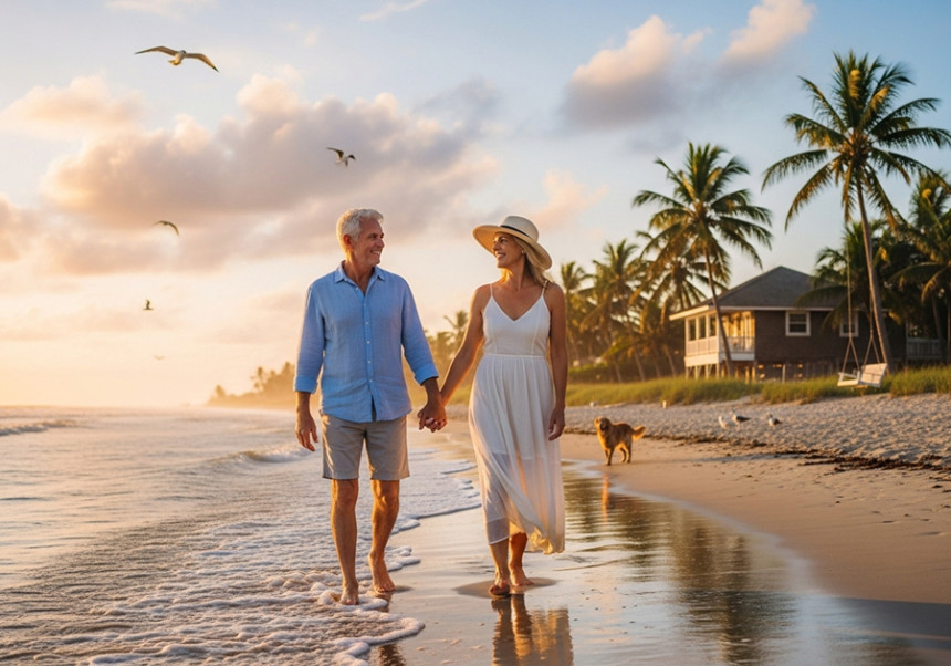 Senior couple enjoying retirement on a beach, walking hand in hand under the sun