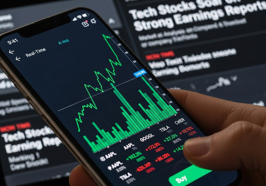 Mobile stock trading app with rising graphs and financial data