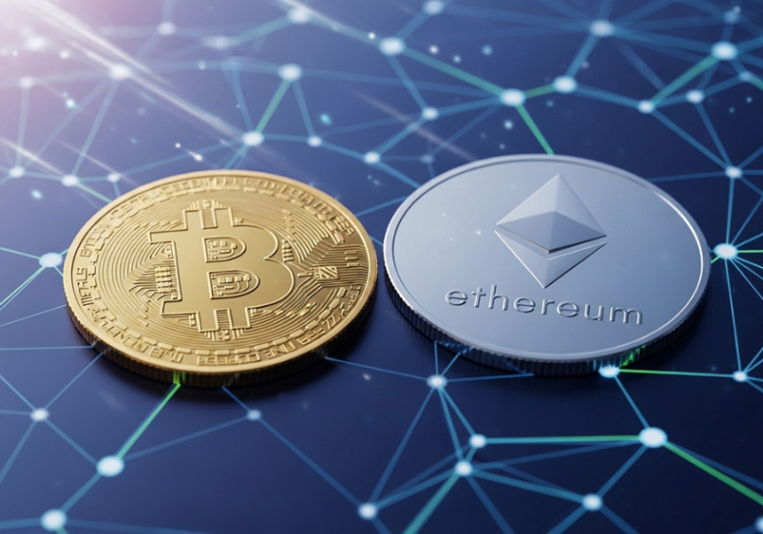 Bitcoin and Ethereum coins with futuristic digital blockchain background