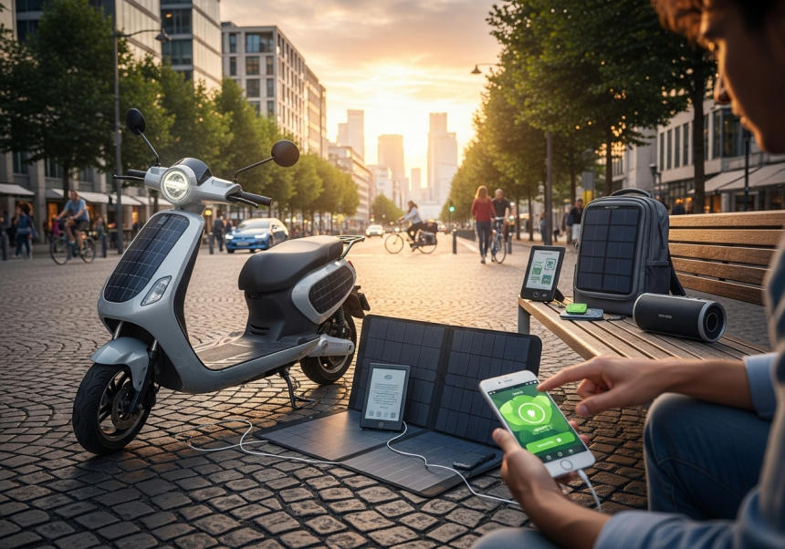 Solar-powered gadgets and eco-friendly electric technology trend.