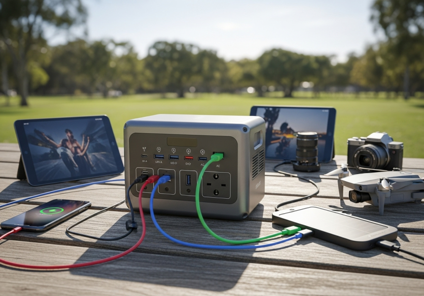 Portable power station for charging gadgets in global travel and outdoor use.