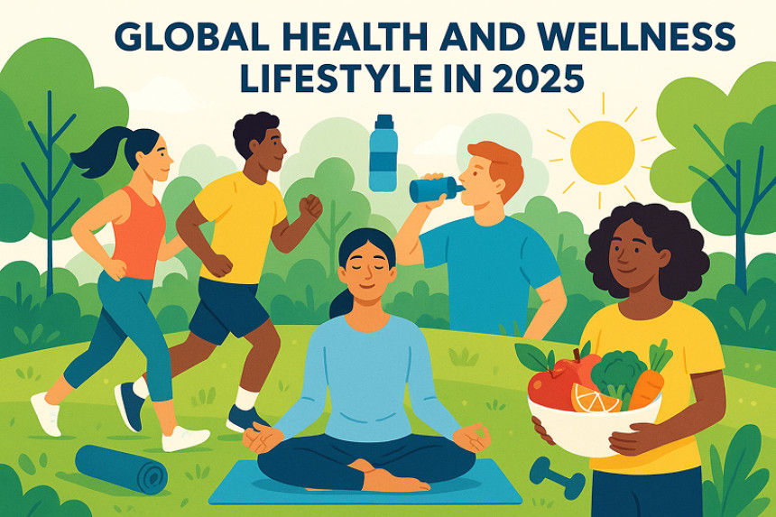 Global health and wellness tips illustration with jogging, meditation, hydration, and healthy food for balanced lifestyle in 2025 – passiveincom.pk