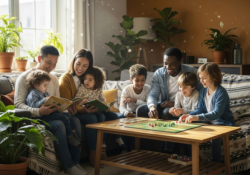 Global parenting family bonding in 2025 – diverse happy parents and kids spending quality time together