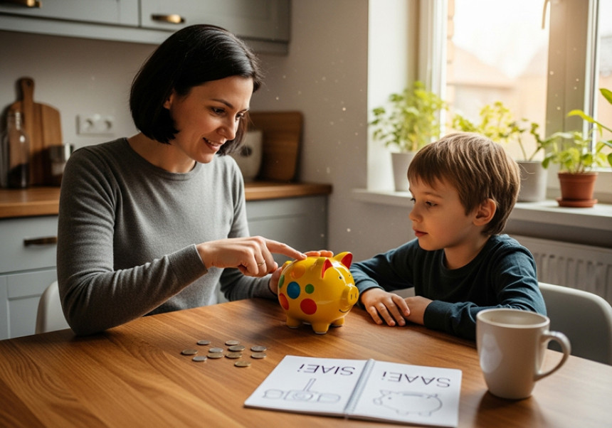 Parent teaching child financial literacy and money-saving skills 2025"