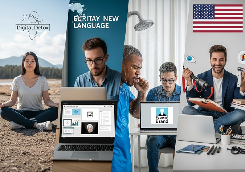 Five people practicing unique self-improvement habits globally – mindfulness, learning, branding, cold exposure, and skill development in 2025