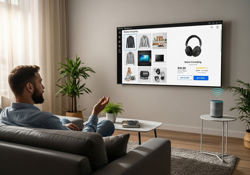 Voice commerce shopping through smart assistants – futuristic e-commerce idea 2025