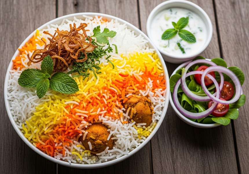 Authentic chicken biryani served with raita and salad – global food recipe 2025