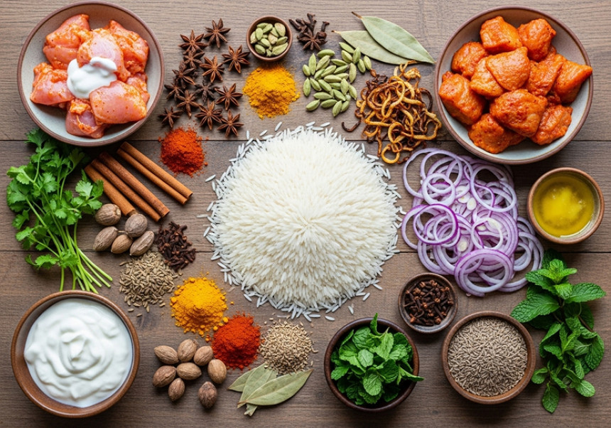 Chicken biryani ingredients – spices, rice, and herbs for flavorful cooking
