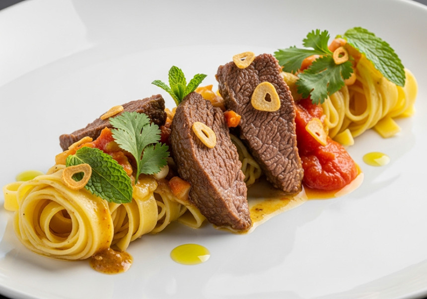 Modern fusion style Khari Ghust with pasta