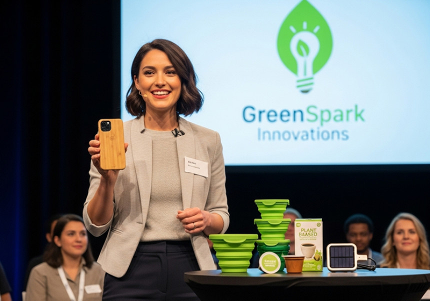 Green entrepreneur showcasing sustainable business products.