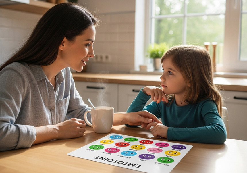 Parent teaching child emotional awareness through conversation and bonding