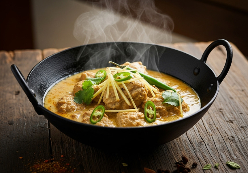 Authentic White Karahi served hot in traditional wok.