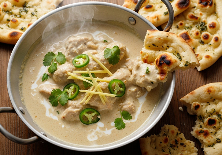 Fresh chicken, yogurt, cream, and spices for White Karahi recipe.